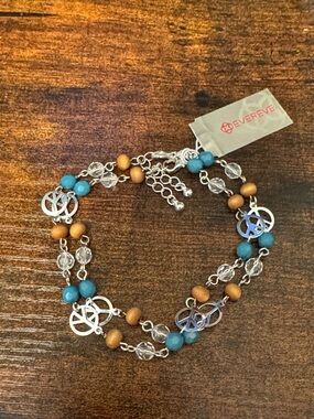 Evereve Turquoise & Brown Layered Beaded Peace Charm Bracelet